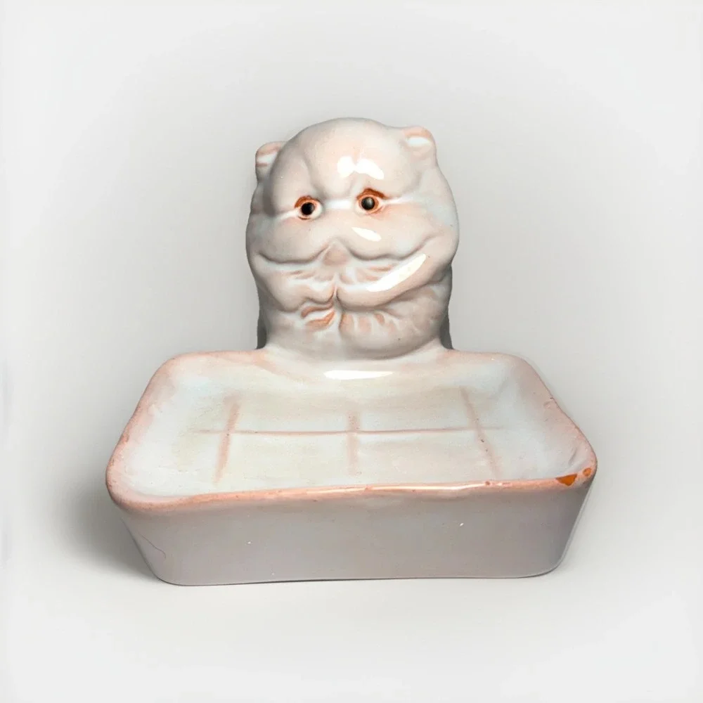 Vintage Persian Cat Soap Dish‎ White Glazed Redware Pottery Mid Century 5.5